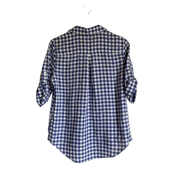 Chico's Size 0/Small/US 4 Blue White Buffalo Plaid Gingham No Iron 100% Linen Po - Picture 2 of 10